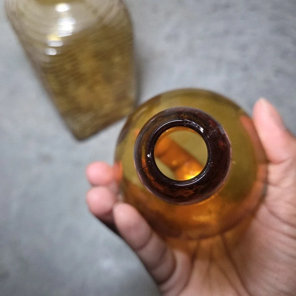 Vintage Amber Glass Decanter with Ball‎ Stopper Ribbed Square Bottle